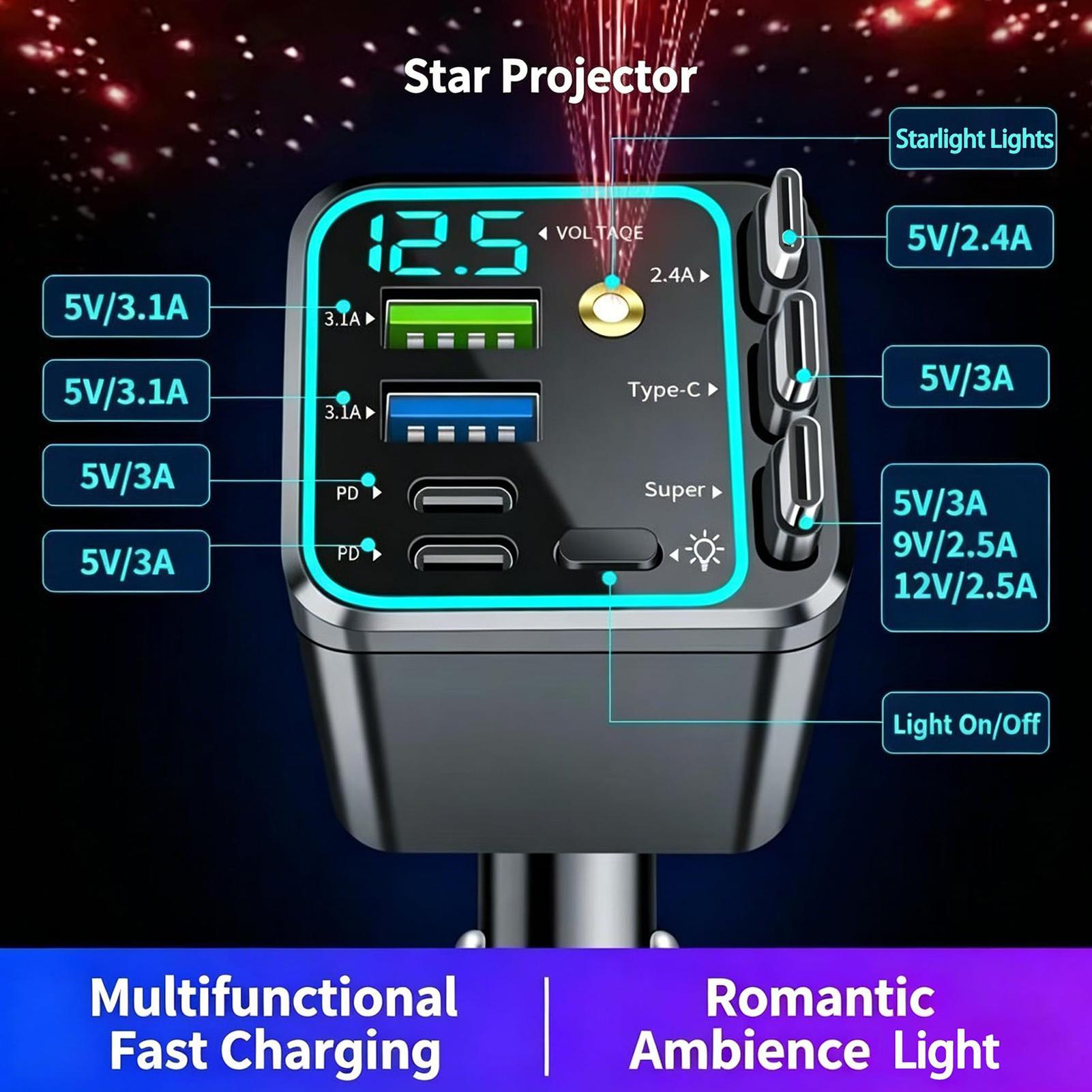 Car Charger - Einziehbares Ladegerät fürs Auto, 102W Schnellladung,